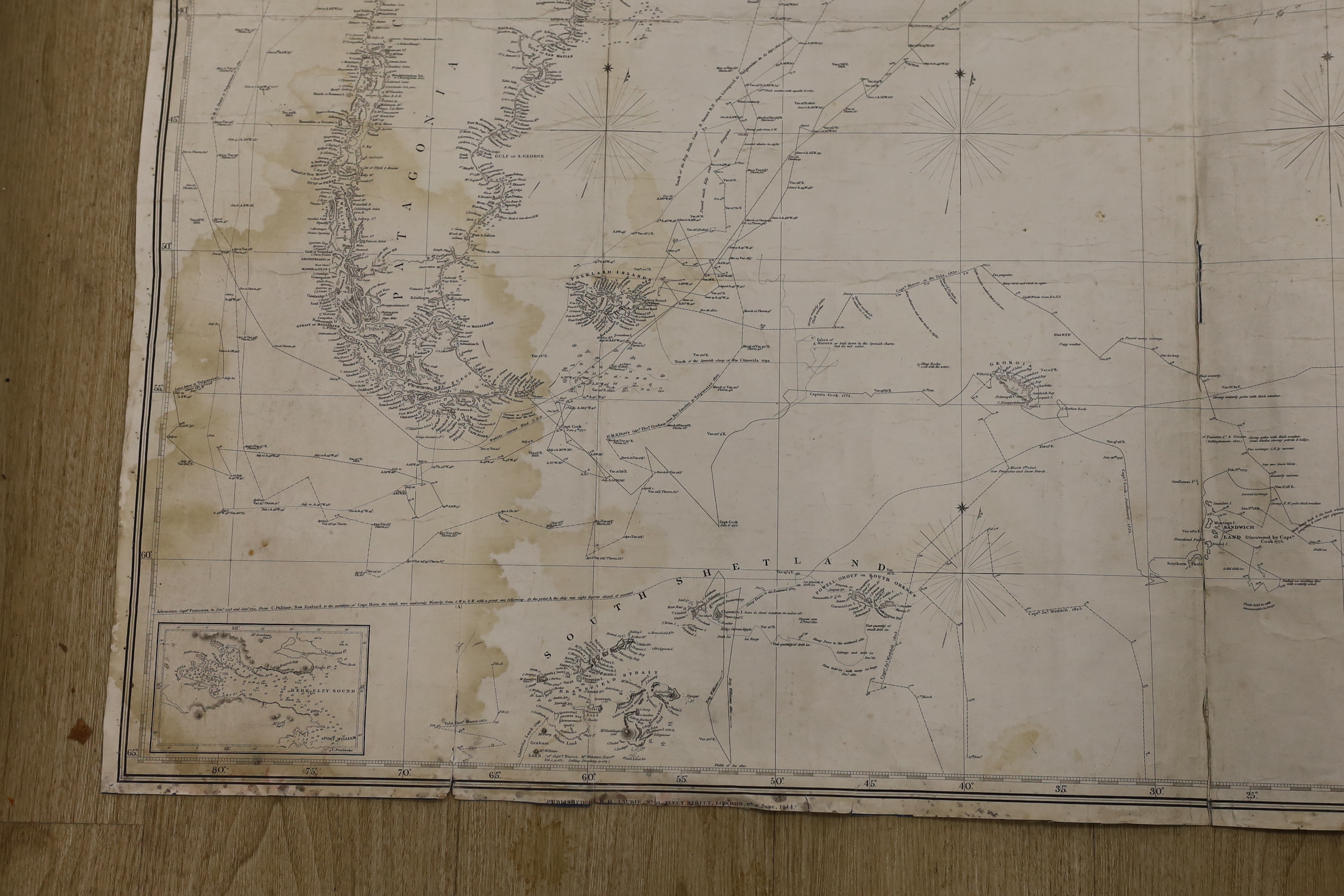 A reduced chart of the Ethiopic or Southern Atlantic Ocean constructed and drawn by Isaac Purdy, British Navy, unframed map, published by R H Laurie, London, 8th June 1840, 125 x 95cm